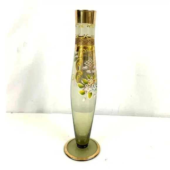 Antique Hand Painted Floral with Gold Trim Glass Bud Vase 8" - Picture 6 of 16